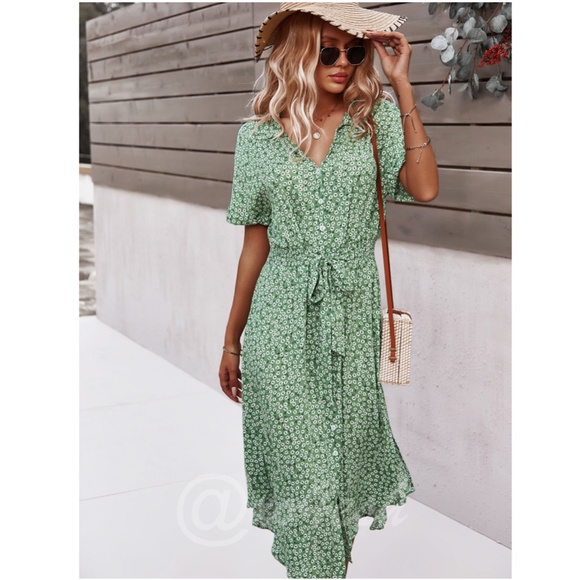 Green Floral Print Midi Dress Button Front V-Neck - Picture 6 of 16